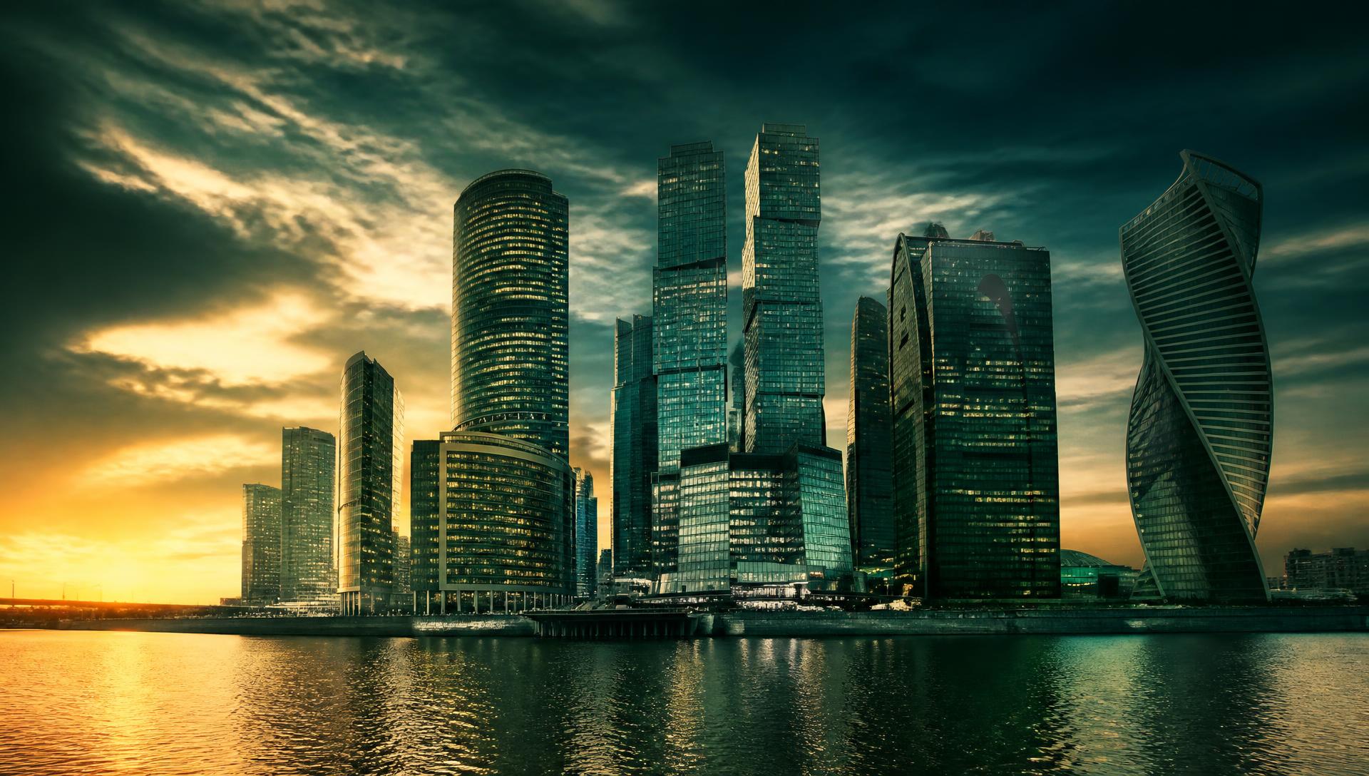 Financial district skyline at golden hour